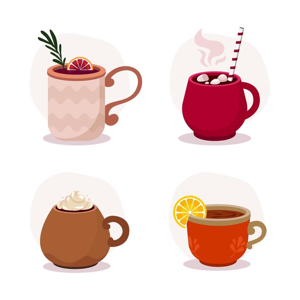 Set of flat cartoon cups with drink. Tea cup with lemon piece. Winter mulled wine mug. Hot chocolate. Coffee with cream vector