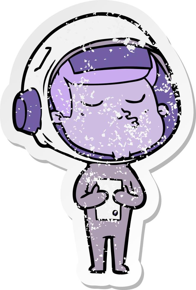 distressed sticker of a cartoon confident astronaut vector