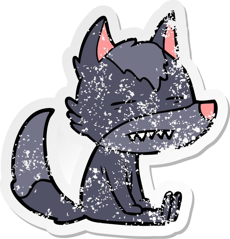 distressed sticker of a cartoon sitting  wolf showing teeth vector