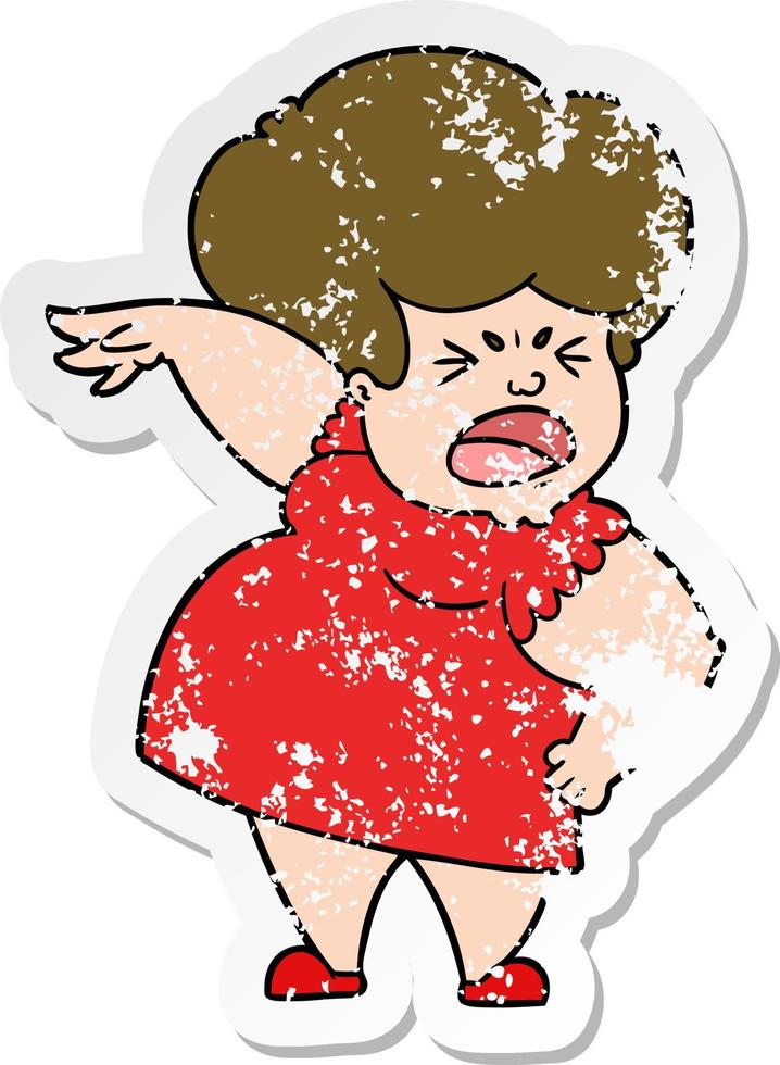 distressed sticker of a cartoon angry woman vector