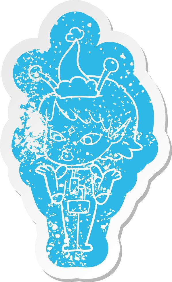 pretty cartoon distressed sticker of a alien girl wearing santa hat vector