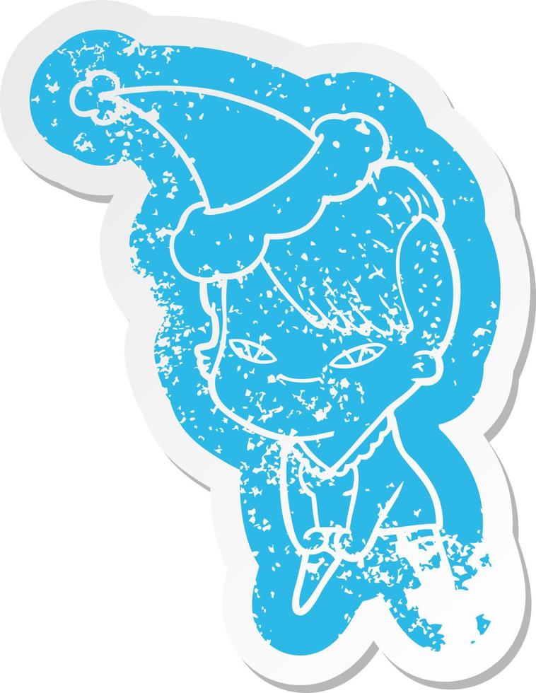 cute cartoon distressed sticker of a girl with hipster haircut wearing santa hat vector