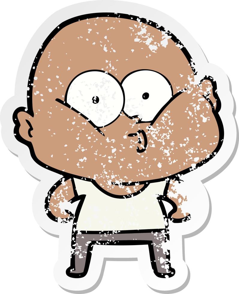 distressed sticker of a cartoon bald man staring vector