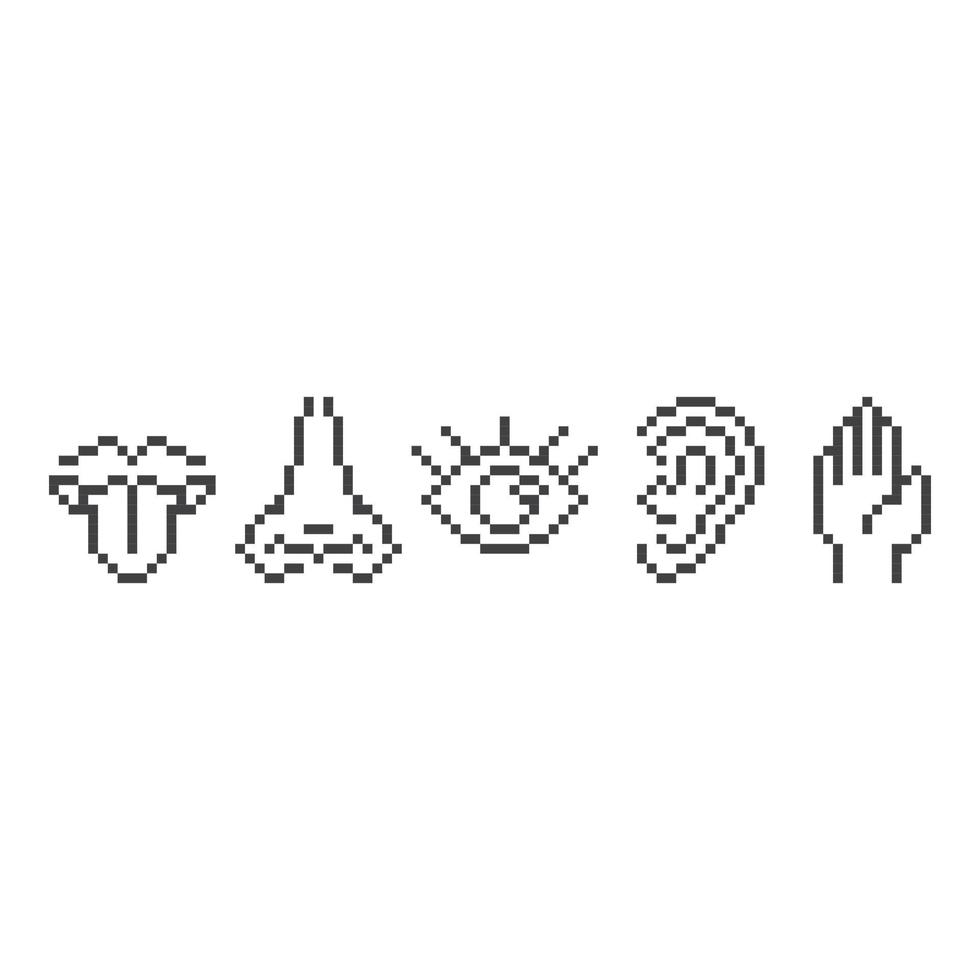 Five human senses. Elements  taste, smell, vision, hear, touch . Pixel art line icon vector illustration