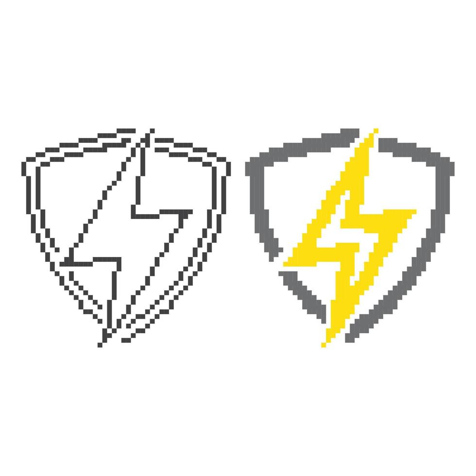 Thunder bolt shield, electric protect. Pixel art icon vector illustration