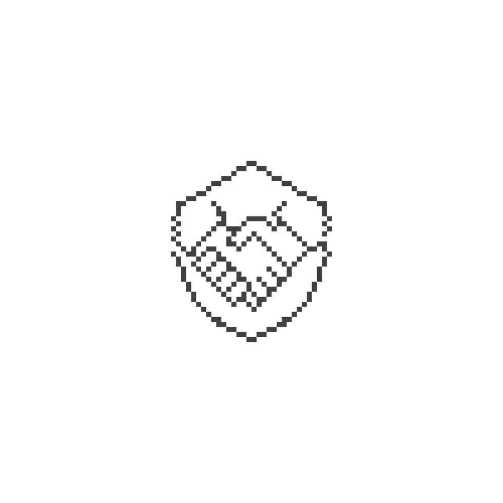 Protect deal, handshake shield. Pixel art line vector icon illustration