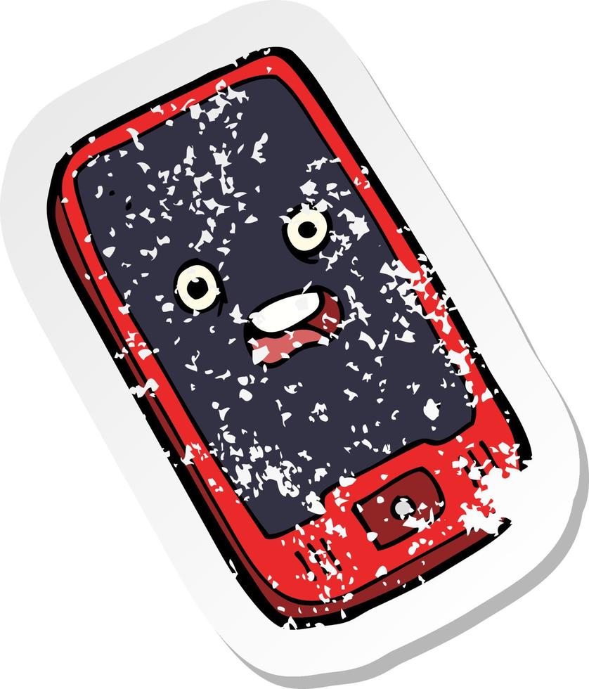retro distressed sticker of a cartoon mobile phone vector