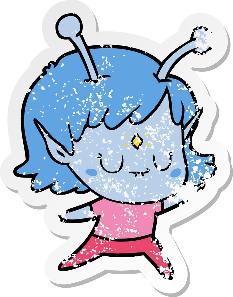 distressed sticker of a cartoon alien girl vector