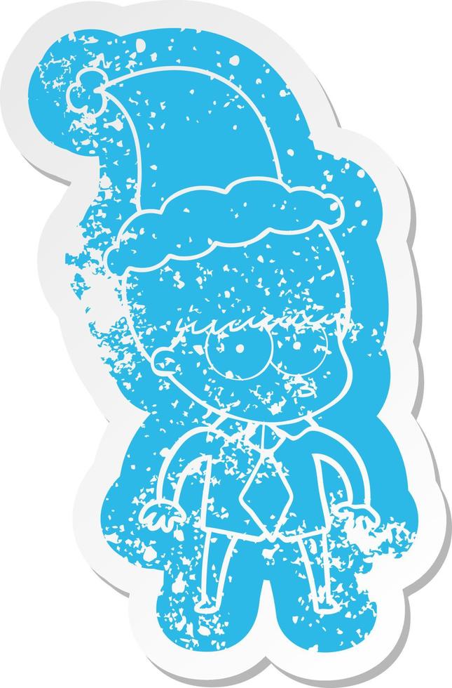 nervous cartoon distressed sticker of a boy wearing shirt and tie wearing santa hat vector
