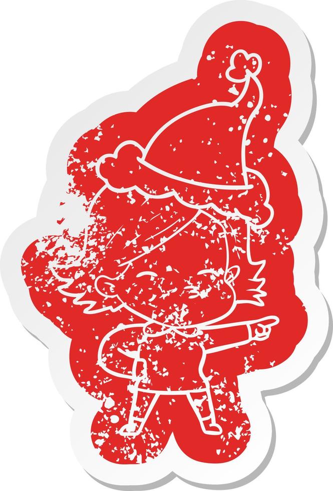 cartoon distressed sticker of a woman pointing wearing santa hat vector