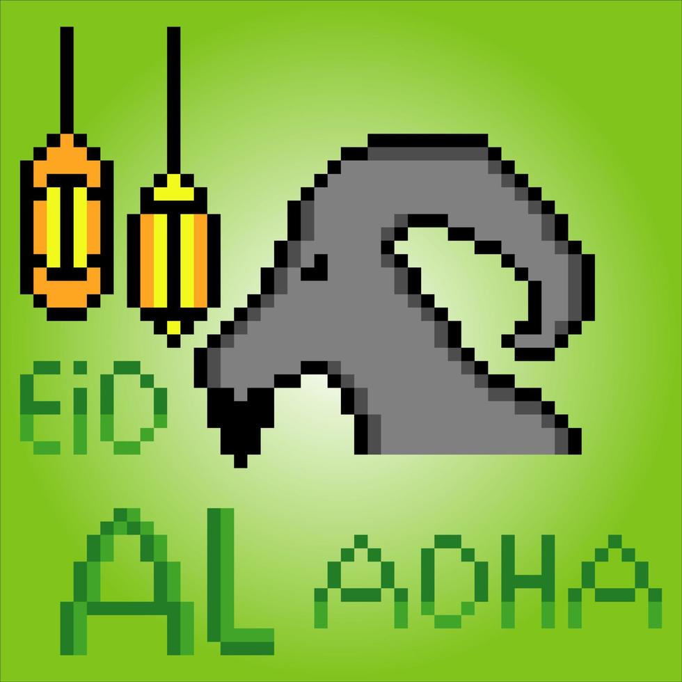 Eid al Adha celebration with sacrificial lamb head and lantern in pixel art on green background. Vector illustration.
