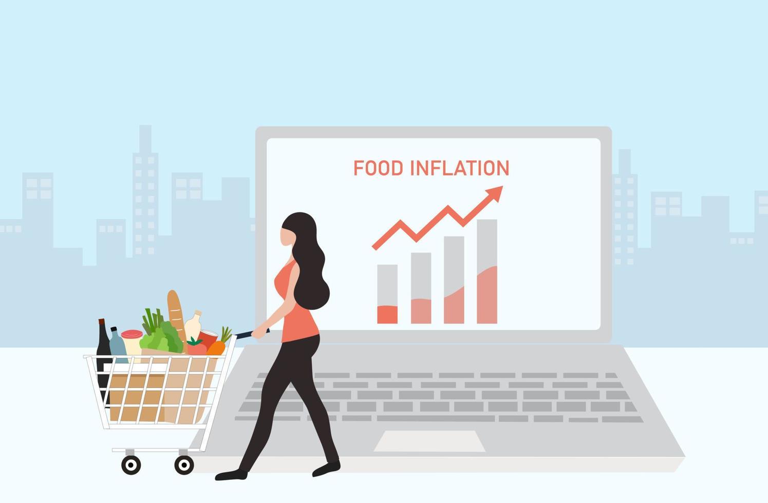 Food inflation and crisis, woman with grocery shopping cart and rising up arrow graph vector illustration. Food inflation, food price increase from economic recession