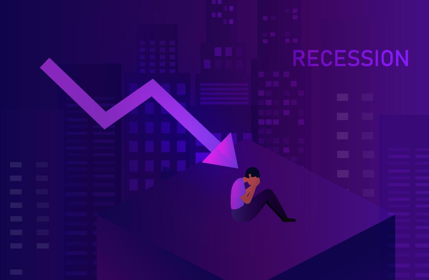 Economic recession and financial crisis, concept. Depressed businessman sitting with arrow down. Bankruptcy, depression.  global business recession vector