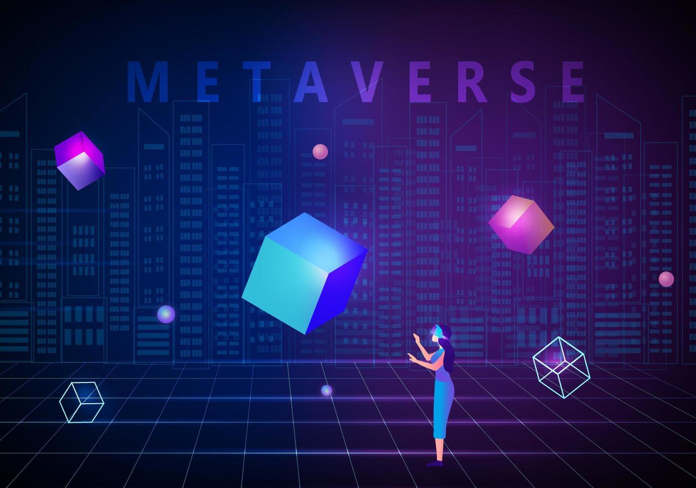 Woman wearing virtual reality goggle glass, having 3d experience in virtual reality in universe world vector illustration. Metaverse and blockchain 3D experience technology concept