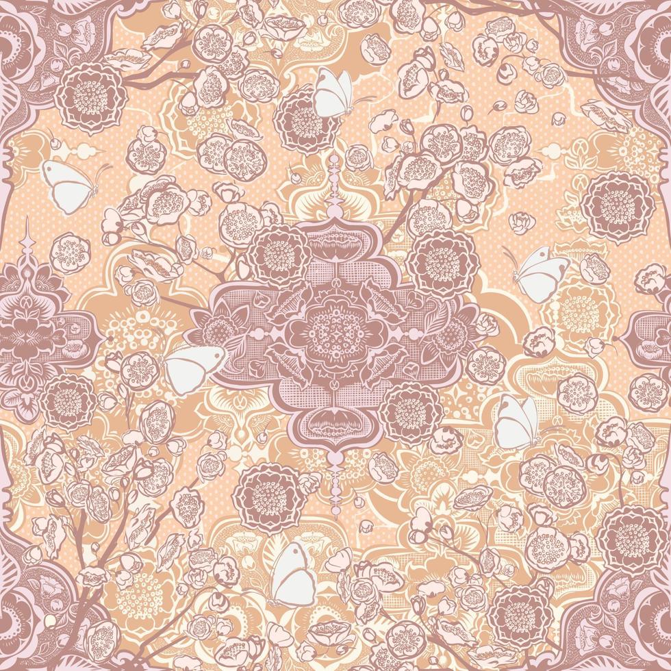 chinoiserie de boda de primavera en tonos pastel de vector de patrones sin fisuras. ilustración repetitiva decorativa dibujada a mano boho elegante de lujo de gama alta detallada. fondo de papel tapiz de estilo femenino de marca de lujo.