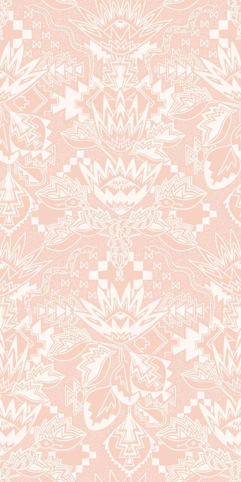 VECTOR SEAMLESS PATTERN. Summer garden floral motifs tribal boho damask. simple monochrome pastel pink and off white colour. symmetrical hipster snake and protea Aztec Navajo wilderness repeat tile