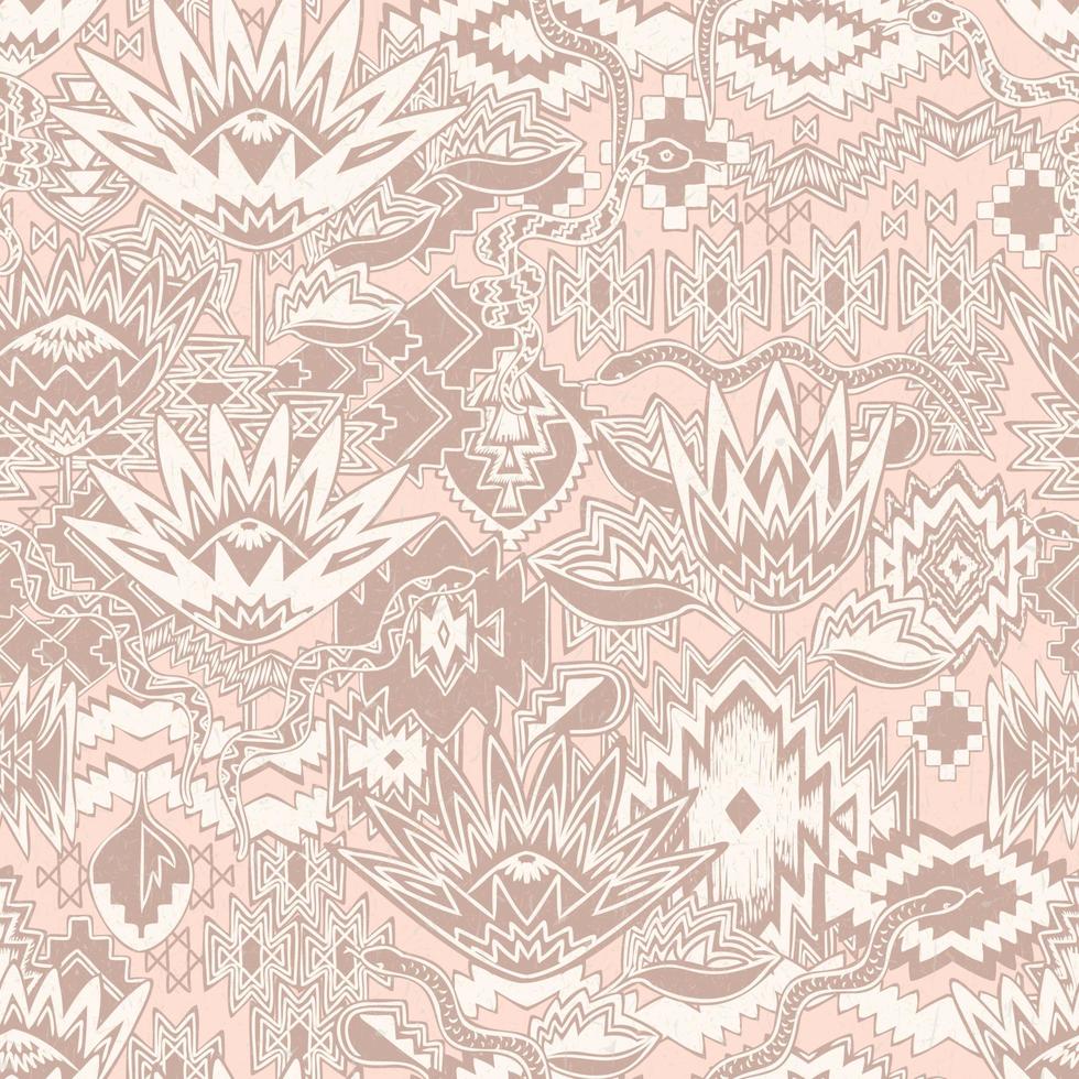 vector de repetición perfecta verano jardín rey protea serpiente tribal bohemio patrón. Desierto del desierto escandinavo moderno. formas occidentales aztecas navajo. tonos rosa pastel. textura de papel hecho a mano