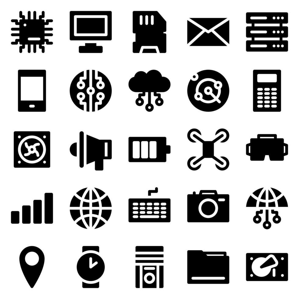 conjunto de 25 iconos web de dispositivos y tecnología en estilo sólido. industria 4.0 concepto fábrica del futuro. colección de iconos sólidos de la tecnología. ilustración vectorial vector