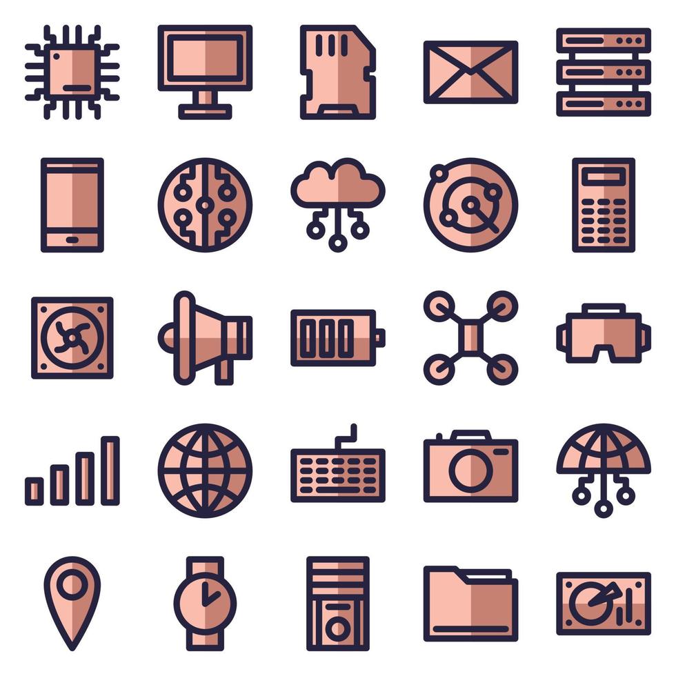 conjunto de 25 iconos web de dispositivo y tecnología en estilo relleno. industria 4.0 concepto fábrica del futuro. colección llena de iconos de tecnología. ilustración vectorial vector