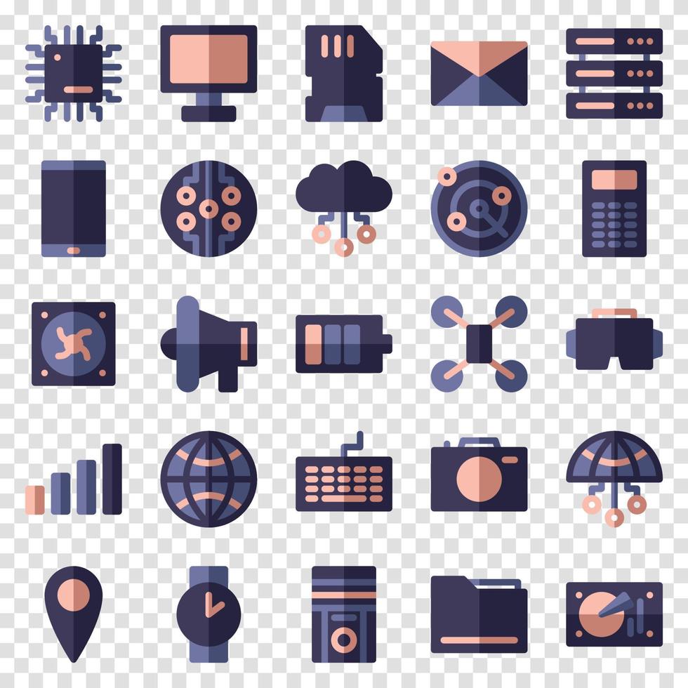 conjunto de 25 iconos web de dispositivo y tecnología en estilo plano. industria 4.0 concepto fábrica del futuro. colección de iconos planos de tecnología. ilustración vectorial vector