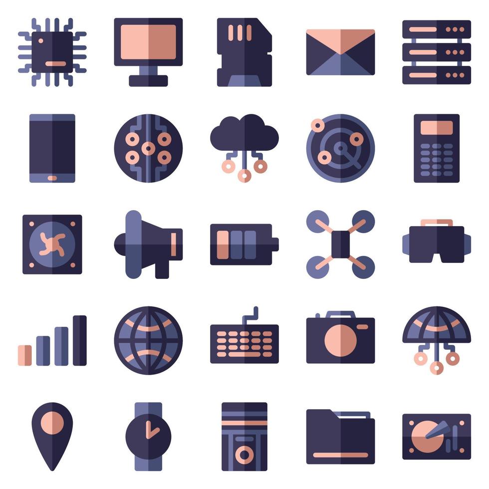 Set of 25 device and technology web icons in flat style. Industry 4.0 concept factory of the future. Collection flat icons of technology. Vector illustration