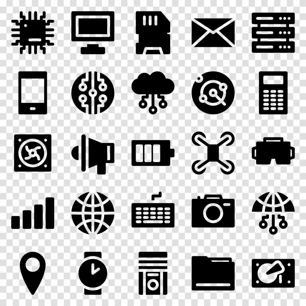Set of 25 device and technology web icons in solid style. Industry 4.0 concept factory of the future. Collection solid icons of technology. Vector illustration