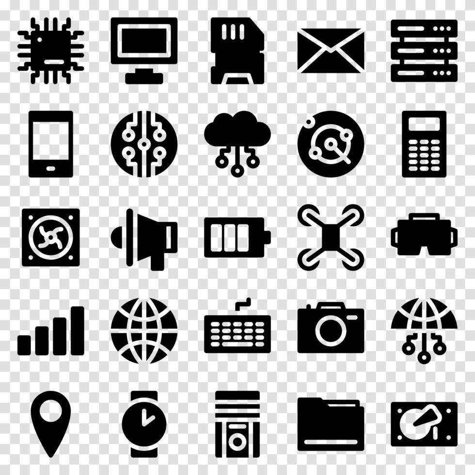 conjunto de 25 iconos web de dispositivos y tecnología en estilo sólido. industria 4.0 concepto fábrica del futuro. colección de iconos sólidos de la tecnología. ilustración vectorial vector