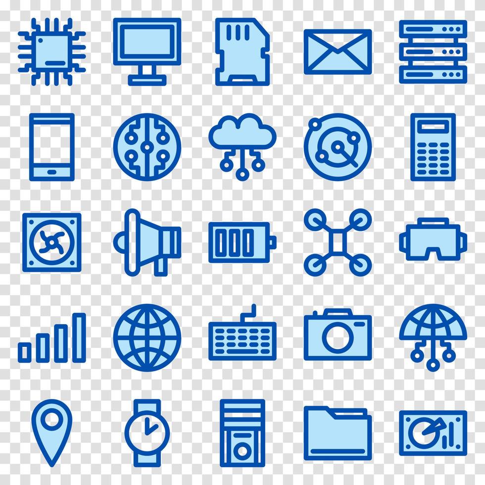 conjunto de 25 iconos web de dispositivo y tecnología en estilo de línea azul. industria 4.0 concepto fábrica del futuro. línea de colección iconos azules de la tecnología. ilustración vectorial vector
