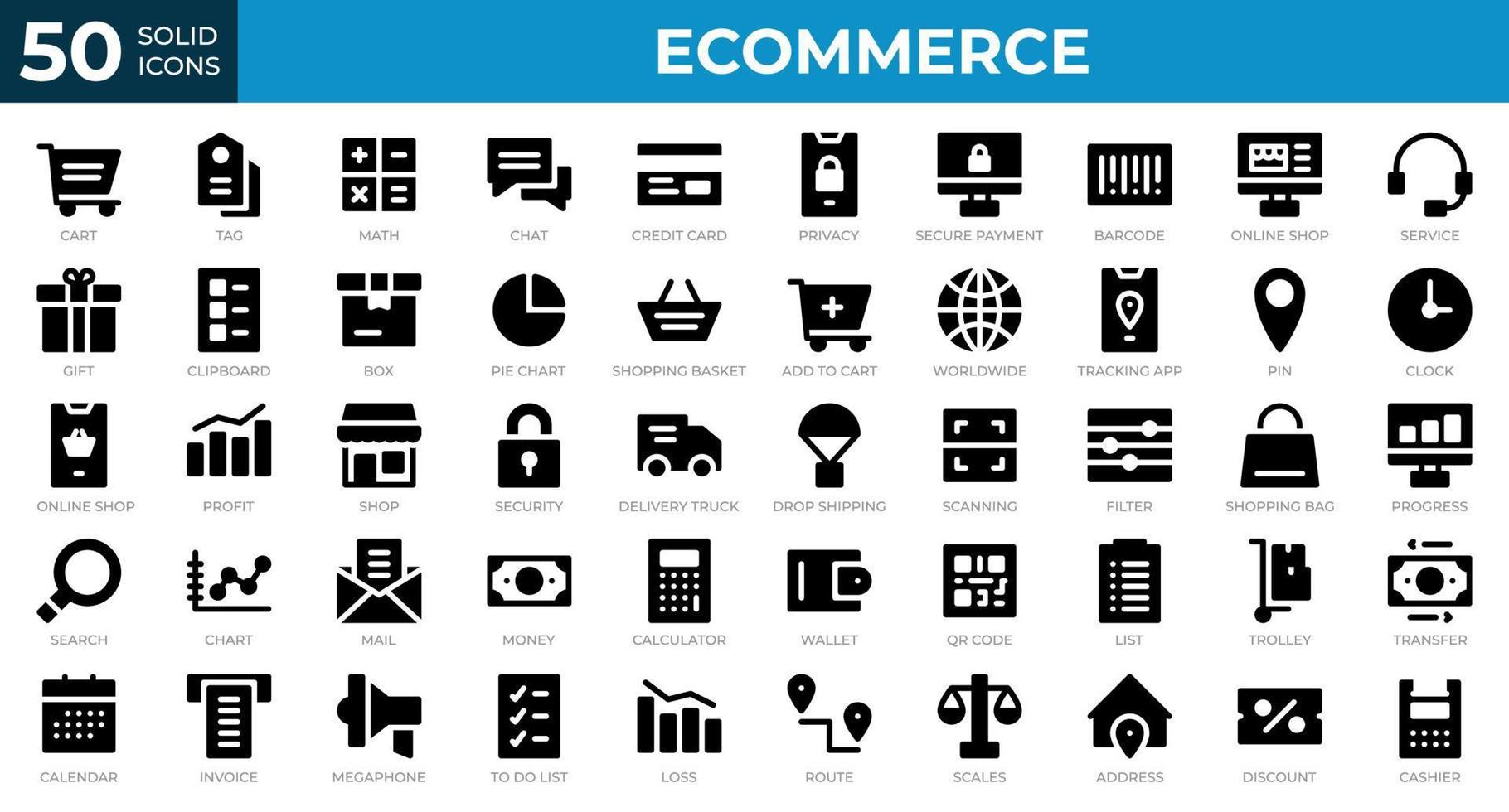 conjunto de 50 iconos web de comercio electrónico en estilo sólido. tarjeta de crédito, carrito, factura. colección de iconos sólidos. ilustración vectorial vector