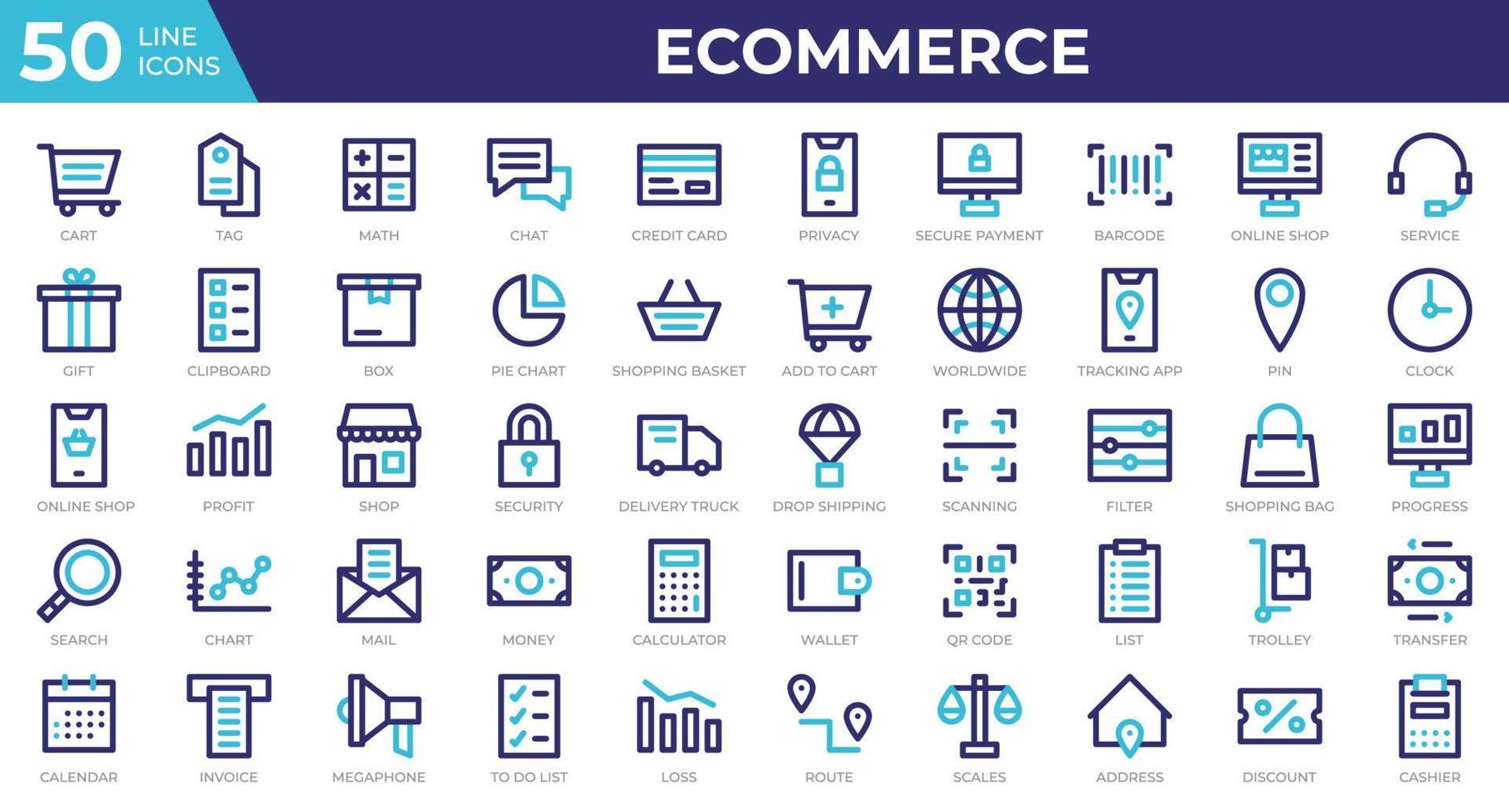 Set of 50 Ecommerce web icons in colored line style. Credit card, profit, invoice. Colored outline icons collection. Vector illustration