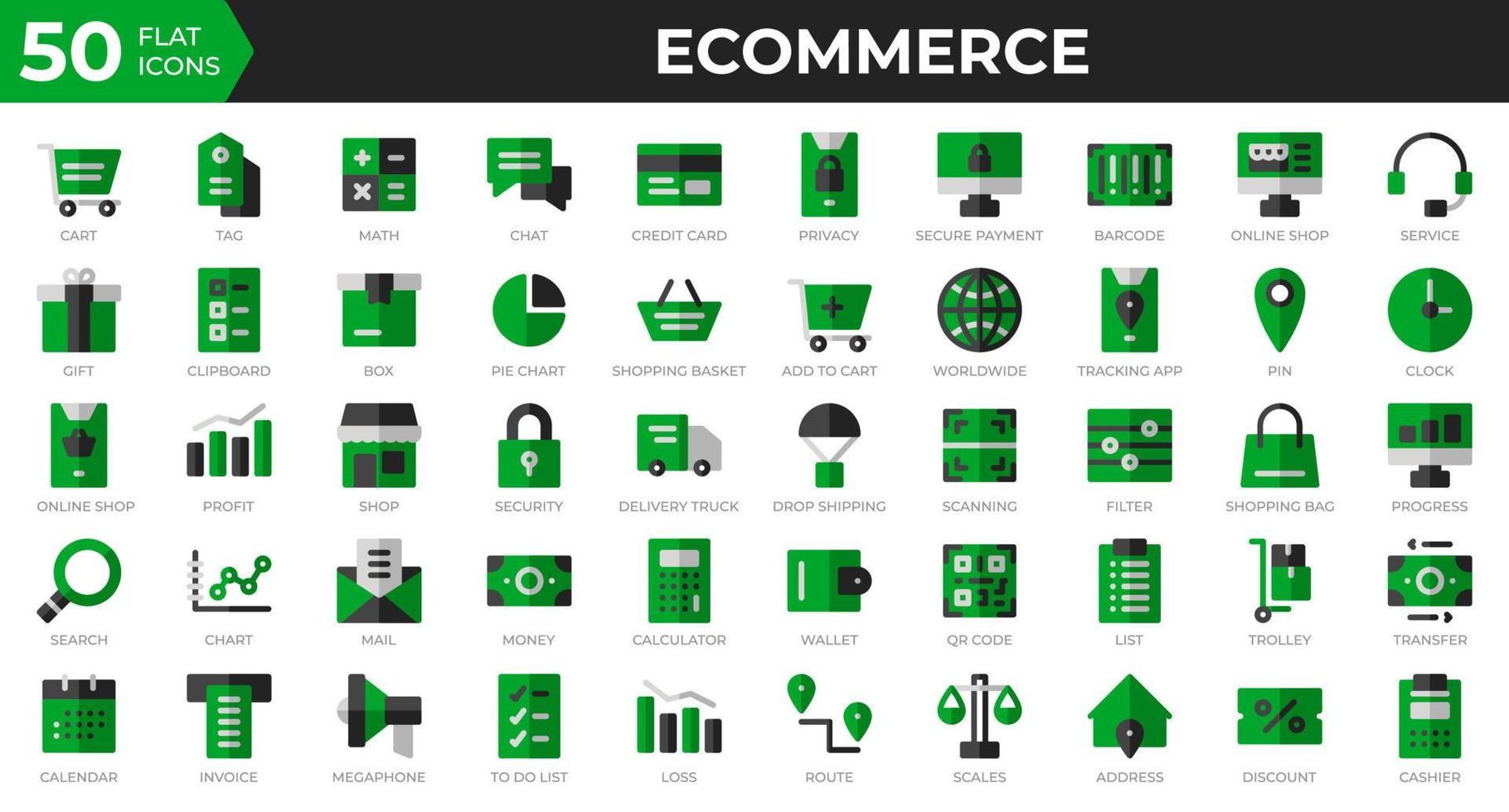 Set of 50 Ecommerce web icons in flat style. Credit card, profit, invoice. Flat icons collection. Vector illustration