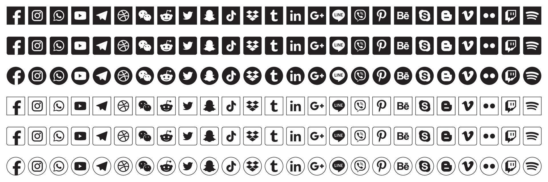Set popular social media icons. Facebook, instagram, twitter, youtube, pinterest, behance, google, linkedin, whatsap, snapchat and many more. Editorial vector illustration