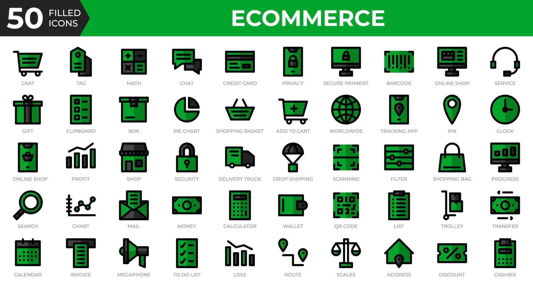 Set of 50 Ecommerce web icons in filled outline style. Credit card, profit, invoice. Filled outline icons collection. Vector illustration