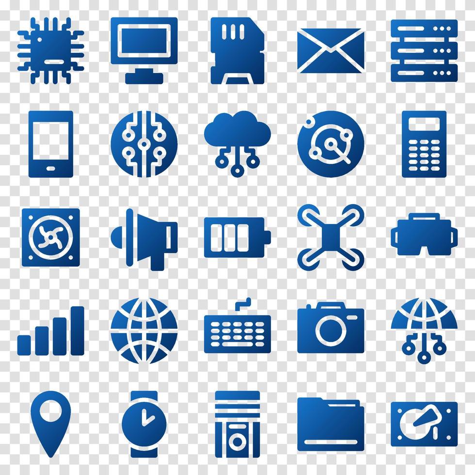 Set of 25 device and technology web icons in gradient style. Industry 4.0 concept factory of the future. Collection gradient icons of technology. Vector illustration
