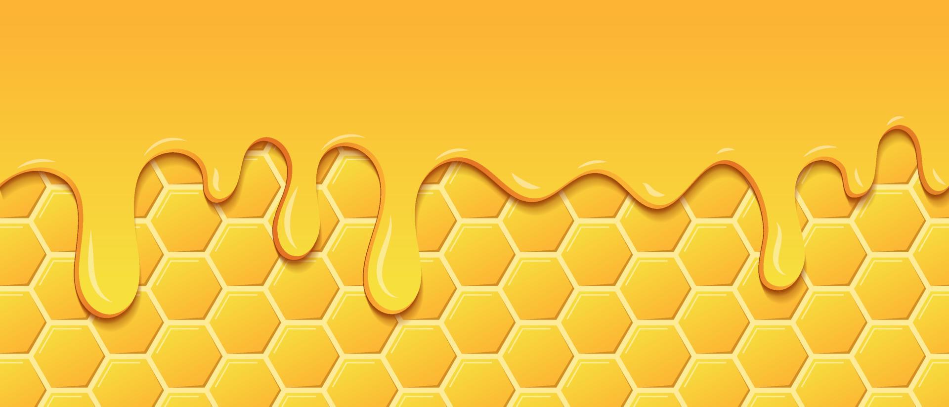 Yellow pattern with honeycomb and honey drips. Dripping honey seamless pattern. Gold honey hexagonal cells seamless texture. Vector illustration