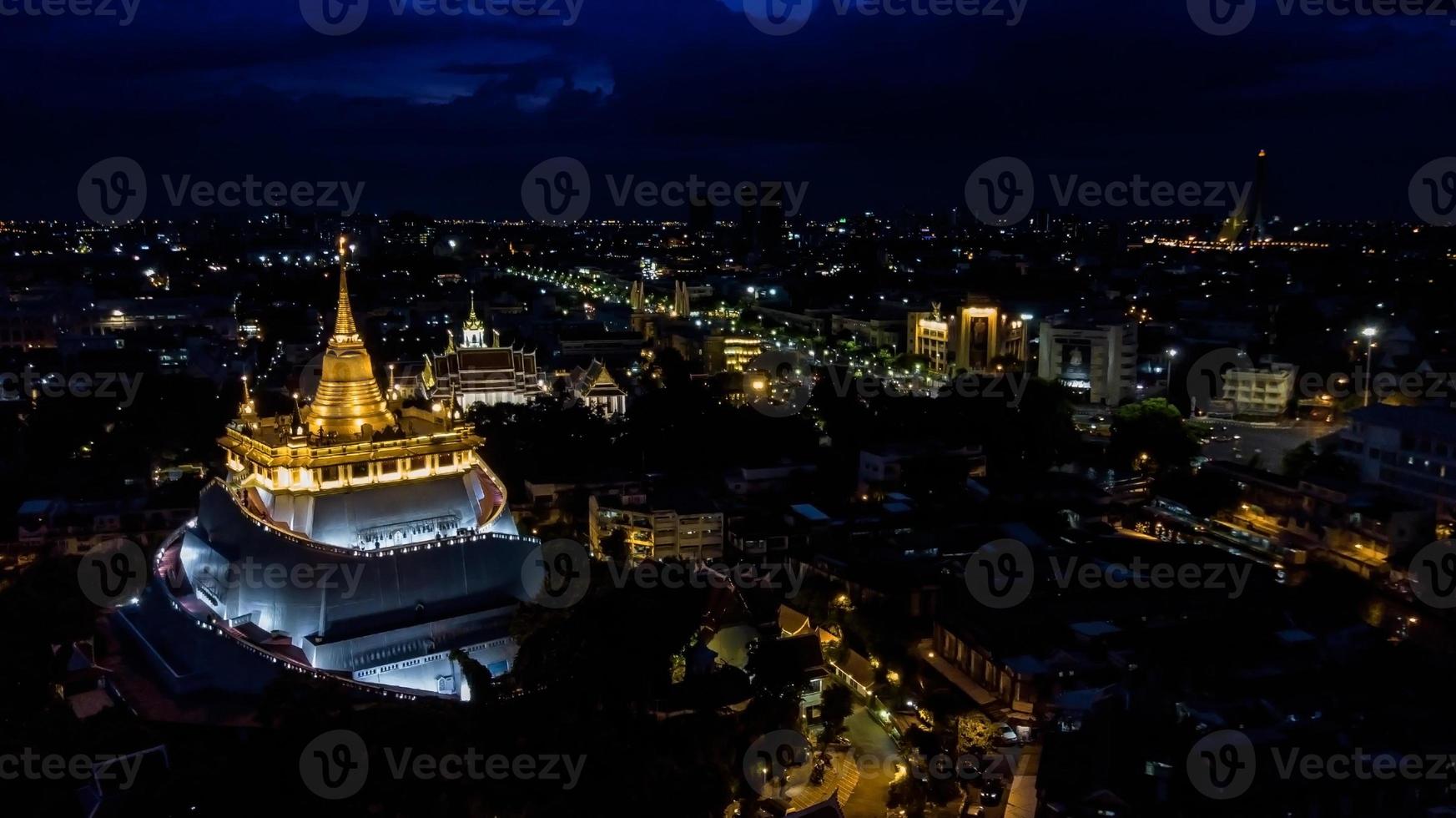 'Golden Mountain '  Wat Saket Ratcha Wora Maha Wihan popular Bangkok tourist attraction , Landmarks of bangkok Thailand .  top view photo
