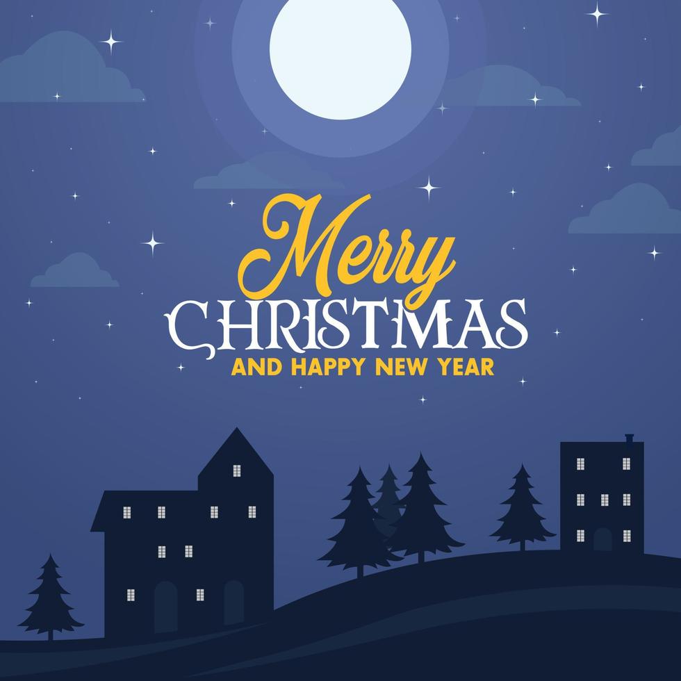 Merry Christmas, Xmas greeting invitation card design with moon, sky and stars. vector