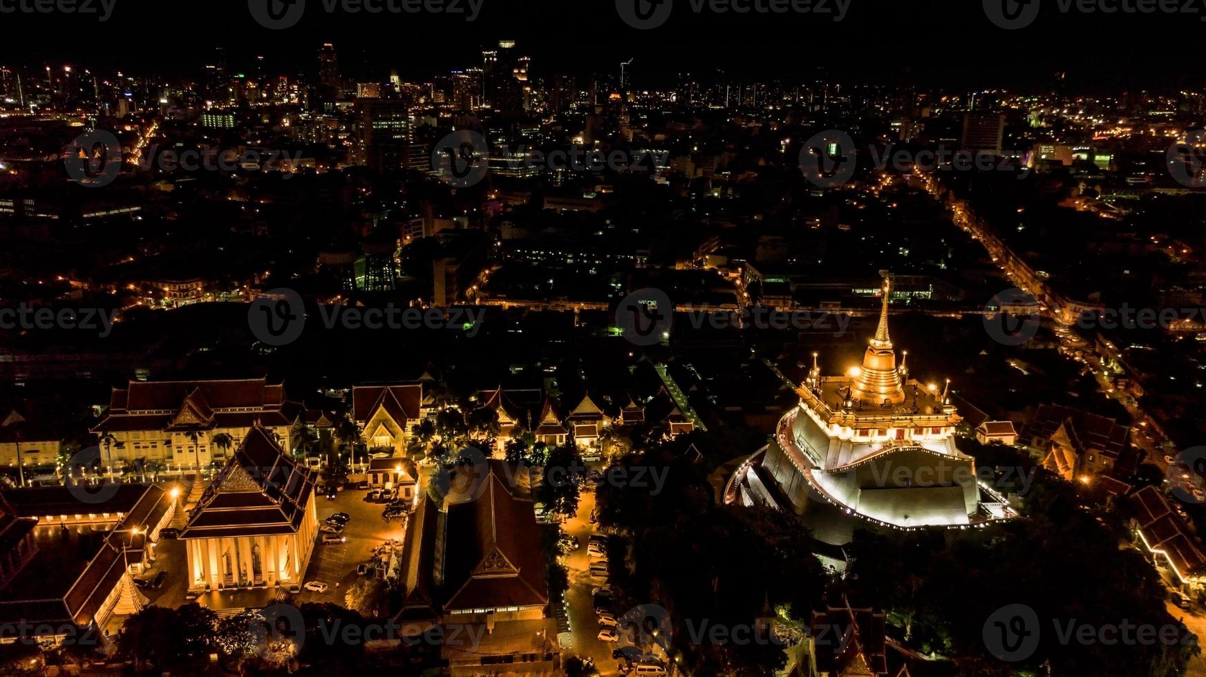 'Golden Mountain '  Wat Saket Ratcha Wora Maha Wihan popular Bangkok tourist attraction , Landmarks of bangkok Thailand .  top view photo