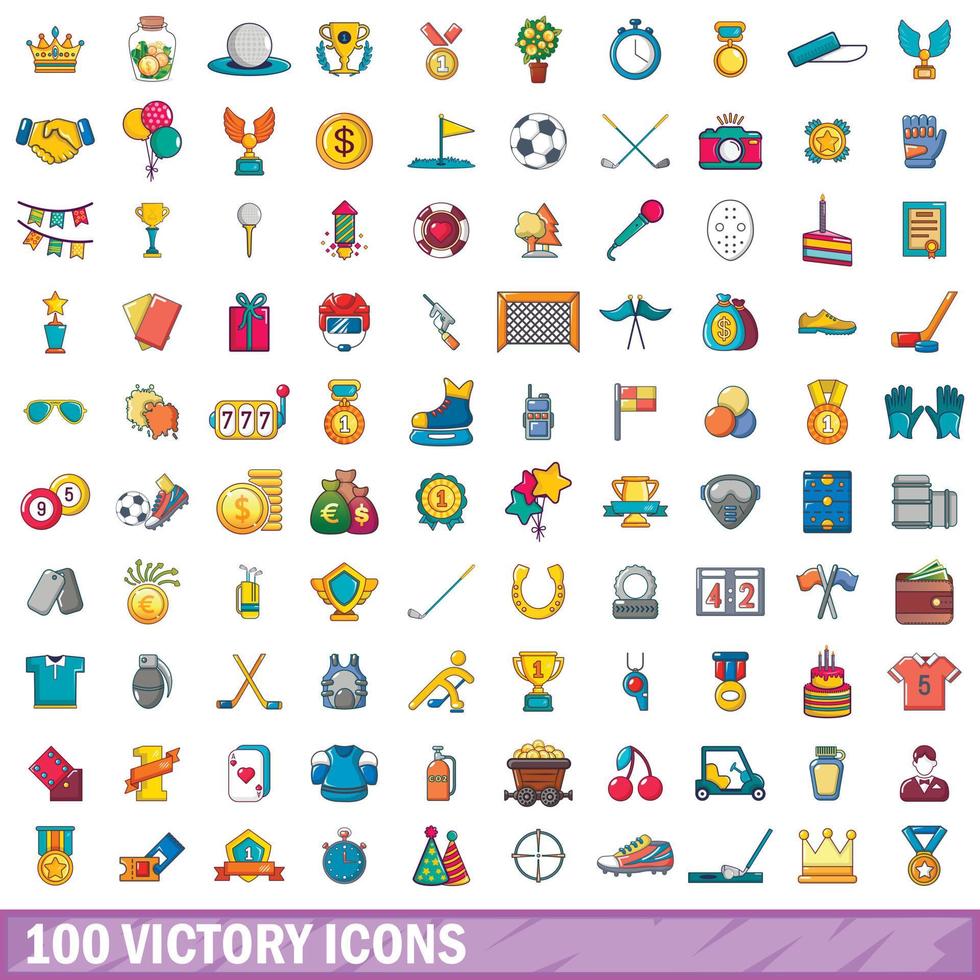 100 victory icons set, cartoon style vector
