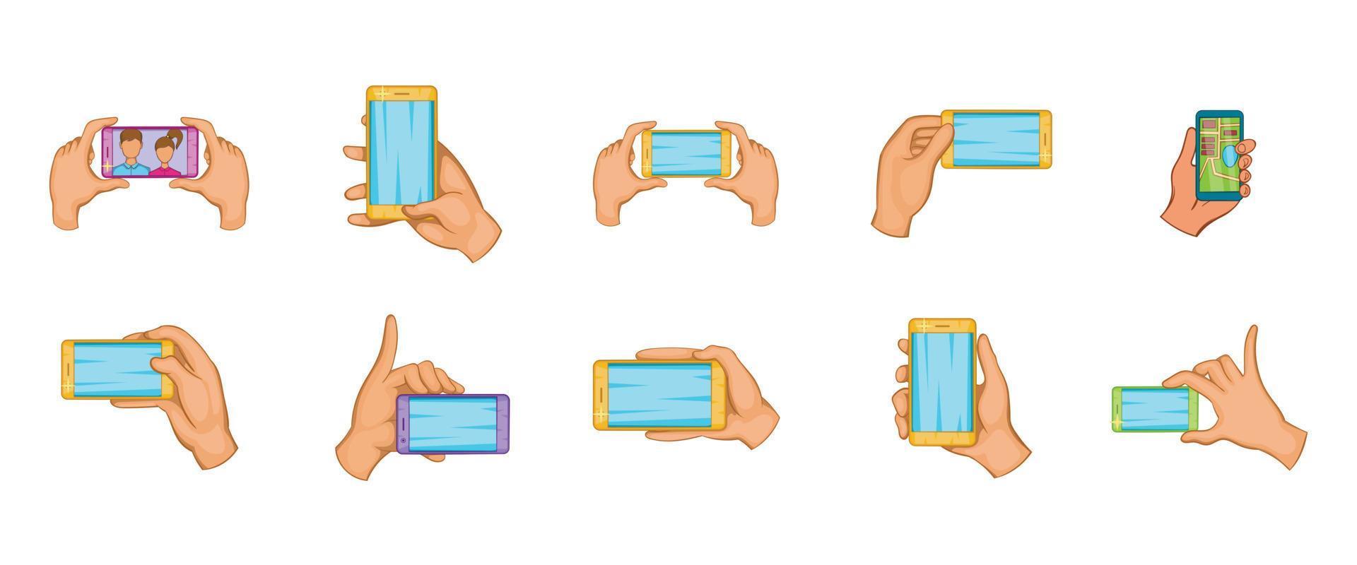 conjunto de iconos de teléfono inteligente de mano, estilo de dibujos animados vector