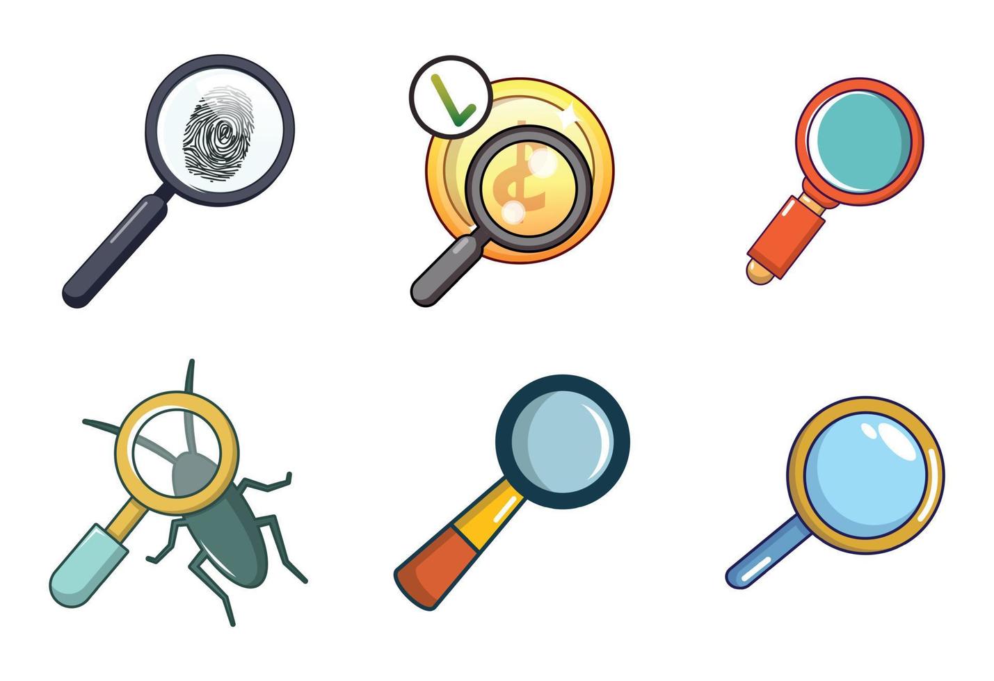 Magnified glass icon set, cartoon style vector