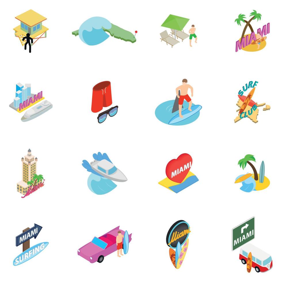 Miami trip icons set, isometric style vector