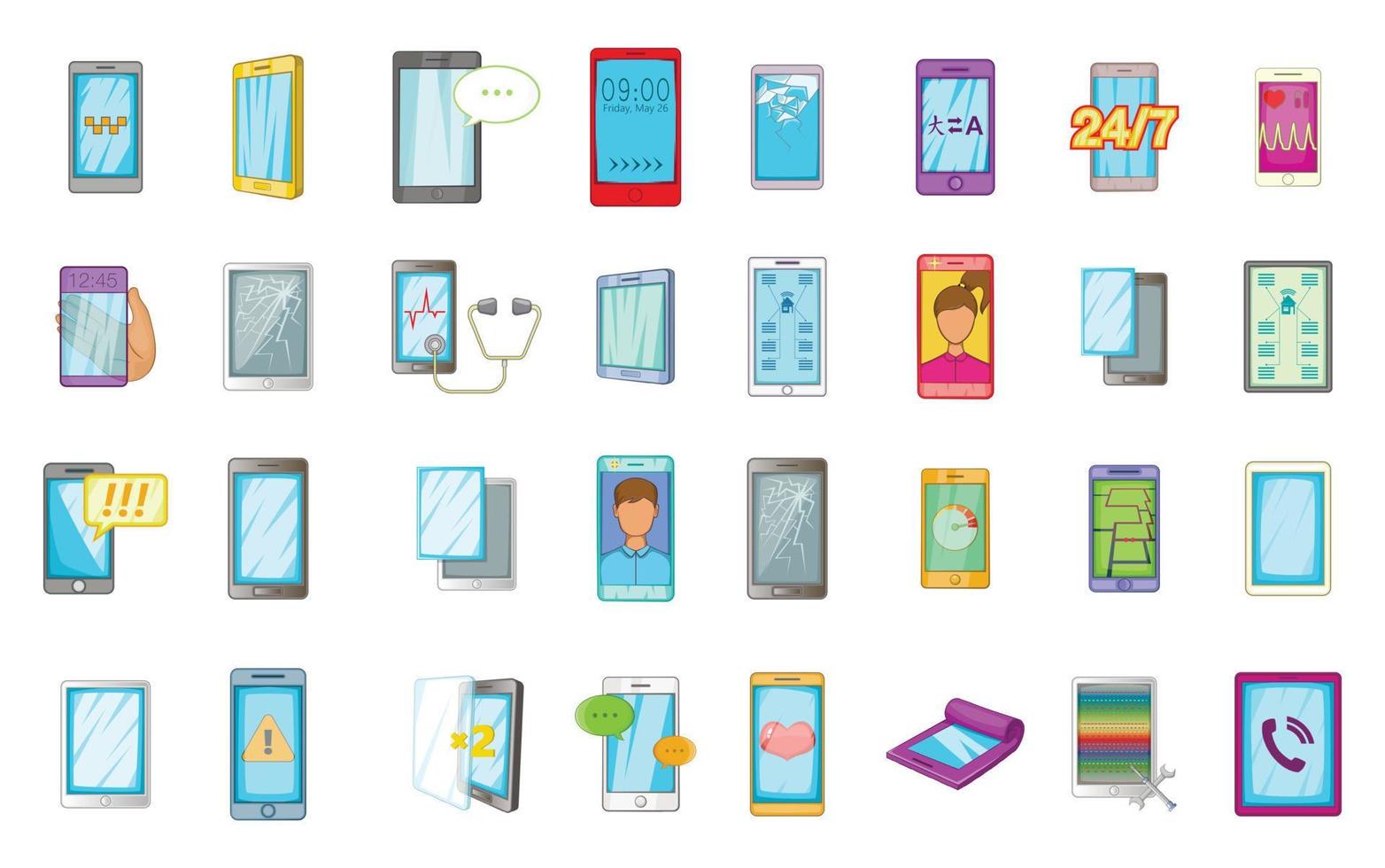 Smartphone icon set, cartoon style vector