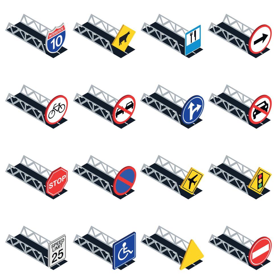 Road sign icons set, isometric style vector