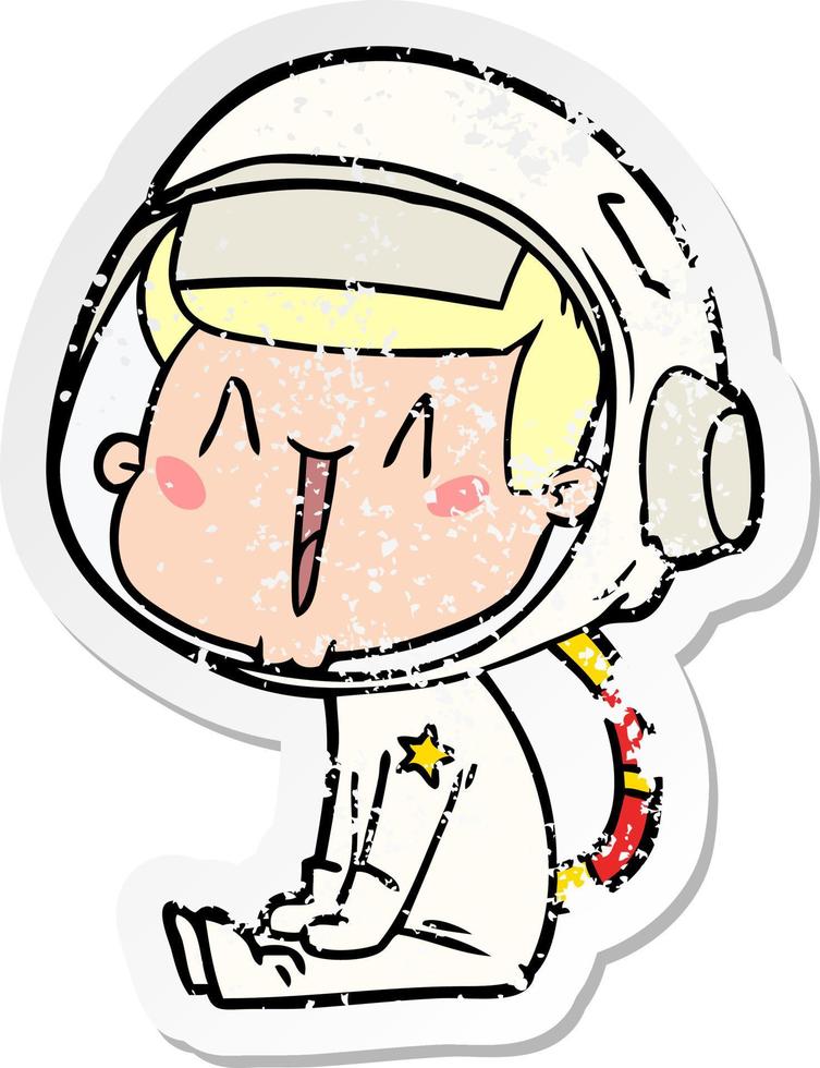 distressed sticker of a happy cartoon astronaut sitting vector