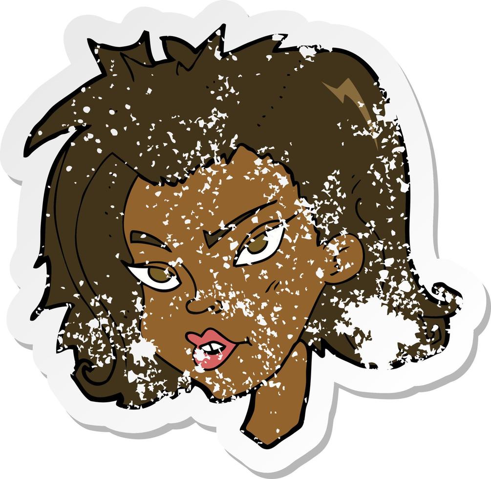 retro distressed sticker of a cartoon female face vector