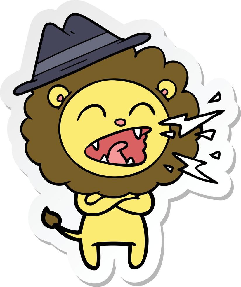 sticker of a cartoon roaring lion wearing hat vector