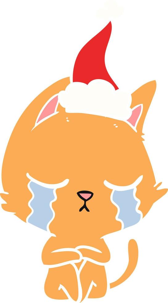 crying flat color illustration of a cat sitting wearing santa hat vector