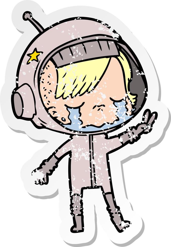 distressed sticker of a cartoon crying astronaut girl vector