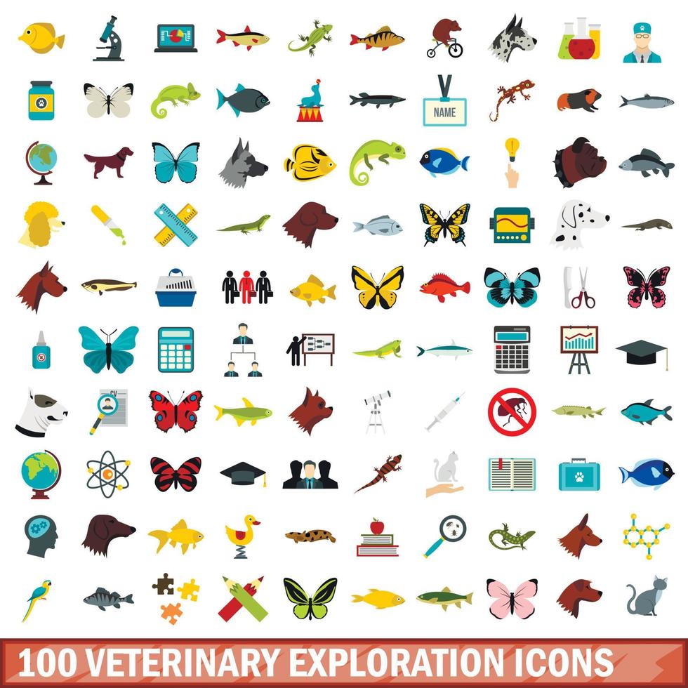 100 iconos de exploración veterinaria, estilo plano vector